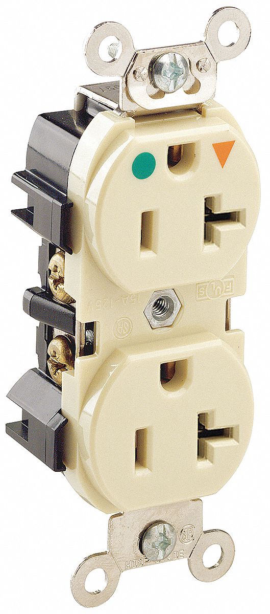 Receptacle: Duplex, 5-20R, 20 A, 125V AC, Ivory, 2 Pole / 3 Wire Poles & Wires, Gen Purpose