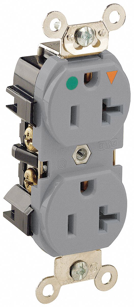Receptacle: Duplex, 5-20R, 20 A, 125V AC, Gray, 2 Pole / 3 Wire Poles & Wires, Gen Purpose