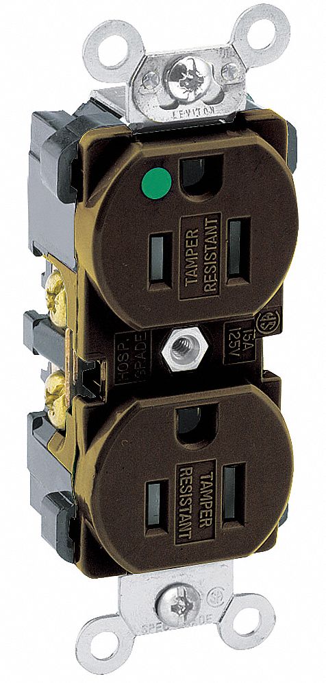 Receptacle: Duplex, 5-15R, 15 A, 125V AC, Brown, 2 Pole / 3 Wire Poles & Wires, Gen Purpose