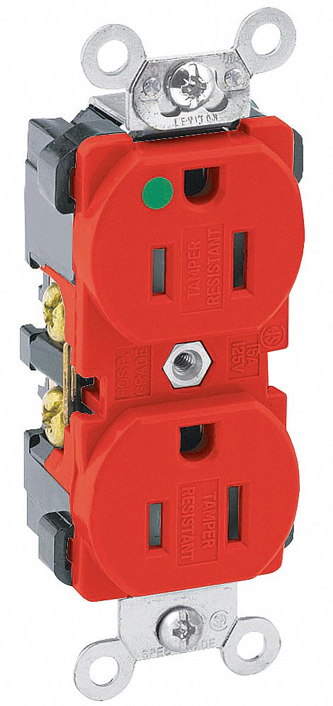 Receptacle: Duplex, 5-15R, 15 A, 125V AC, Red, 2 Pole / 3 Wire Poles & Wires, Gen Purpose