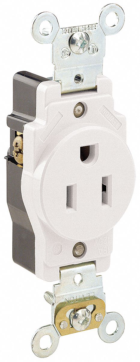 Receptacle: Single, White, 5-15R, 15 A, 125V AC, 2 Pole / 3 Wire, Screw Terminals