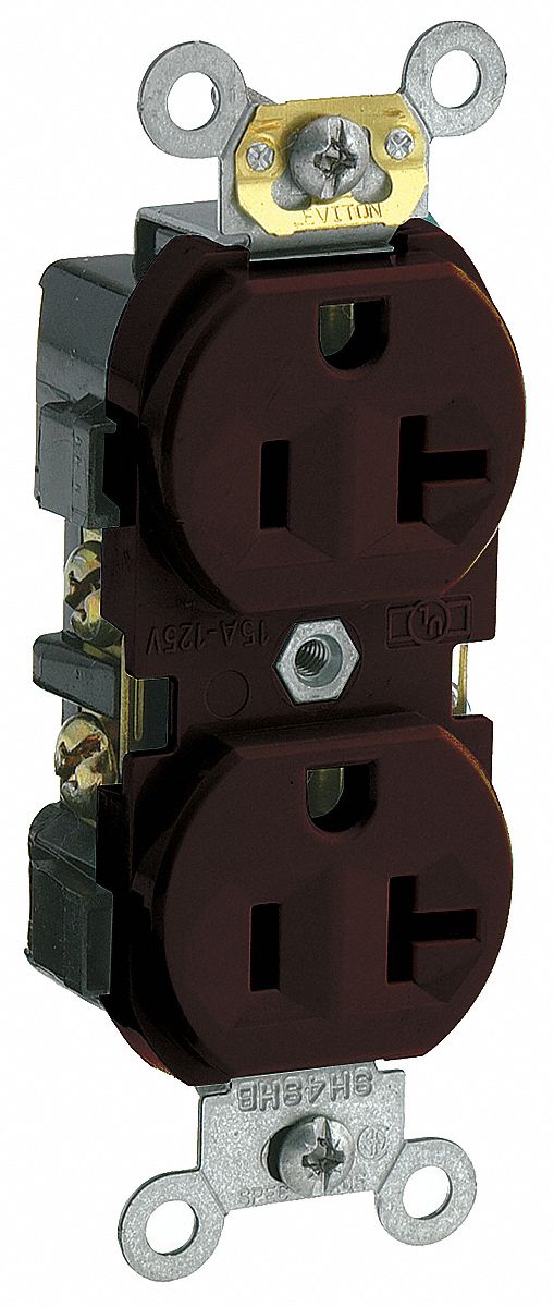 Receptacle: Duplex, Brown, 5-20R, 20 A, 125V AC, 2 Pole / 3 Wire, Screw Terminals
