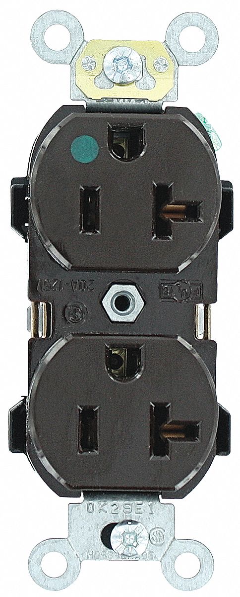 Receptacle: Duplex, 5-20R, 20 A, 125V AC, Brown, 2 Pole / 3 Wire Poles & Wires, Gen Purpose
