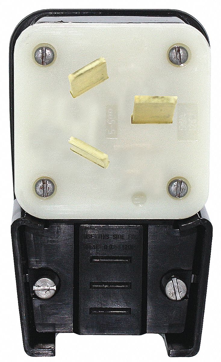 Angle Straight Blade Plug: 10-50P, 50 A, 125/250V AC, Black, 3 Poles, Screw Terminals