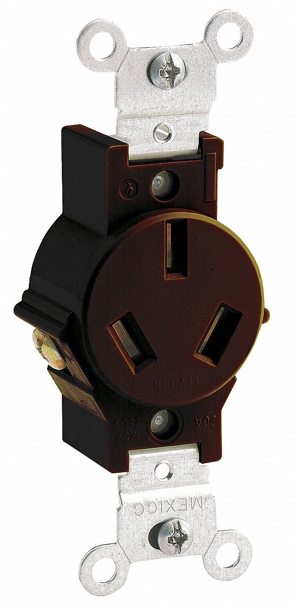 Receptacle: Single, Brown, 10-20R, 20 A, 125/250V AC, 3 Pole / 3 Wire, Screw Terminals