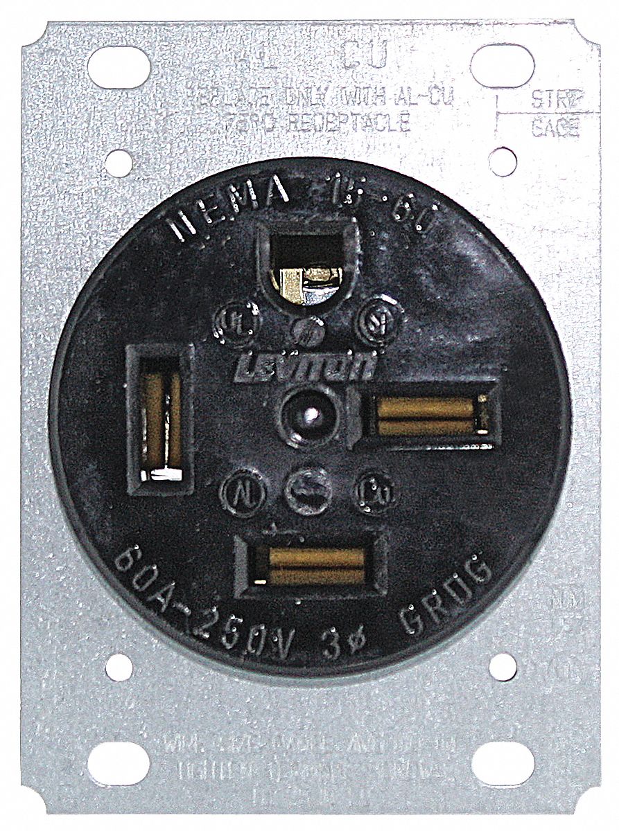 Receptacle: Single, Black, 15-60R, 60 A, 250V AC, 3 Pole / 4 Wire, Screw Terminals