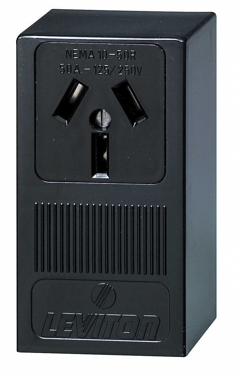 Receptacle: Single, Black, 10-50R, 50 A, 125/250V AC, 3 Pole / 3 Wire, Screw Terminals