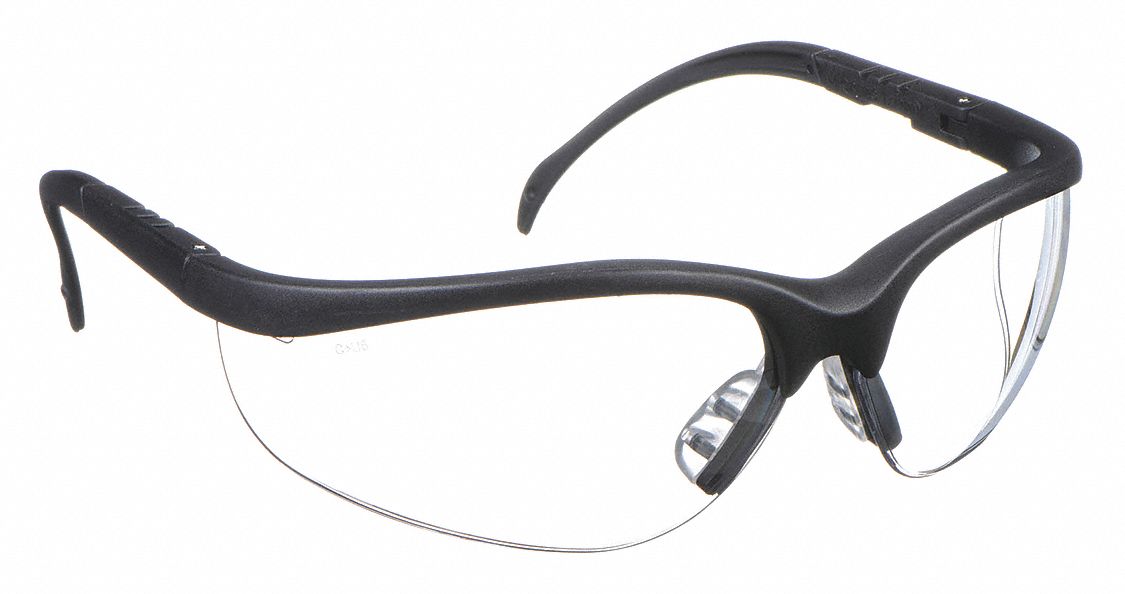 SAFETY GLASSES, HALF-FRAME, WRAPAROUND, NYLON/PC, ANTI-SCRATCH, BLACK/CLEAR, UV, M