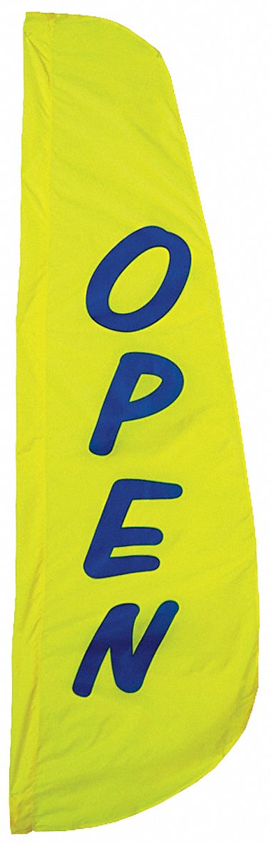 Feather Flag: Open, Indoor/Outdoor, 2 ft Overall Ht, 8 ft Overall Wd, Nylon