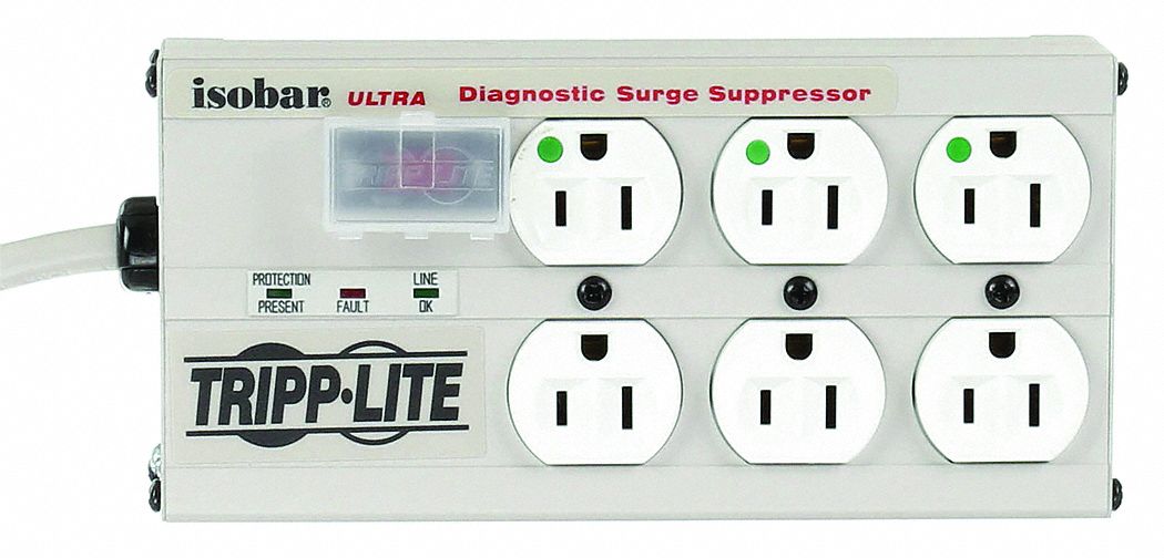 SURGE PROTECTOR OUTLET STRIP, 6 OUTLETS, HOSPITAL GRADE NEMA 5-15R, 15 FT CORD, GREY