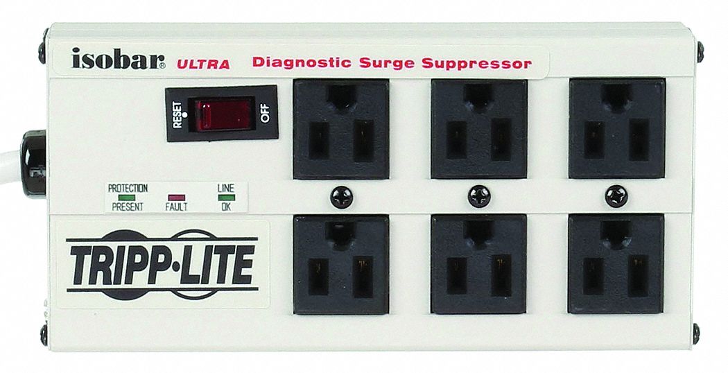 Isolated Filter Surge Protector Outlet Strip: 6 Outlets, NEMA 5-15R, NEMA 5-15P, 7 in Lg
