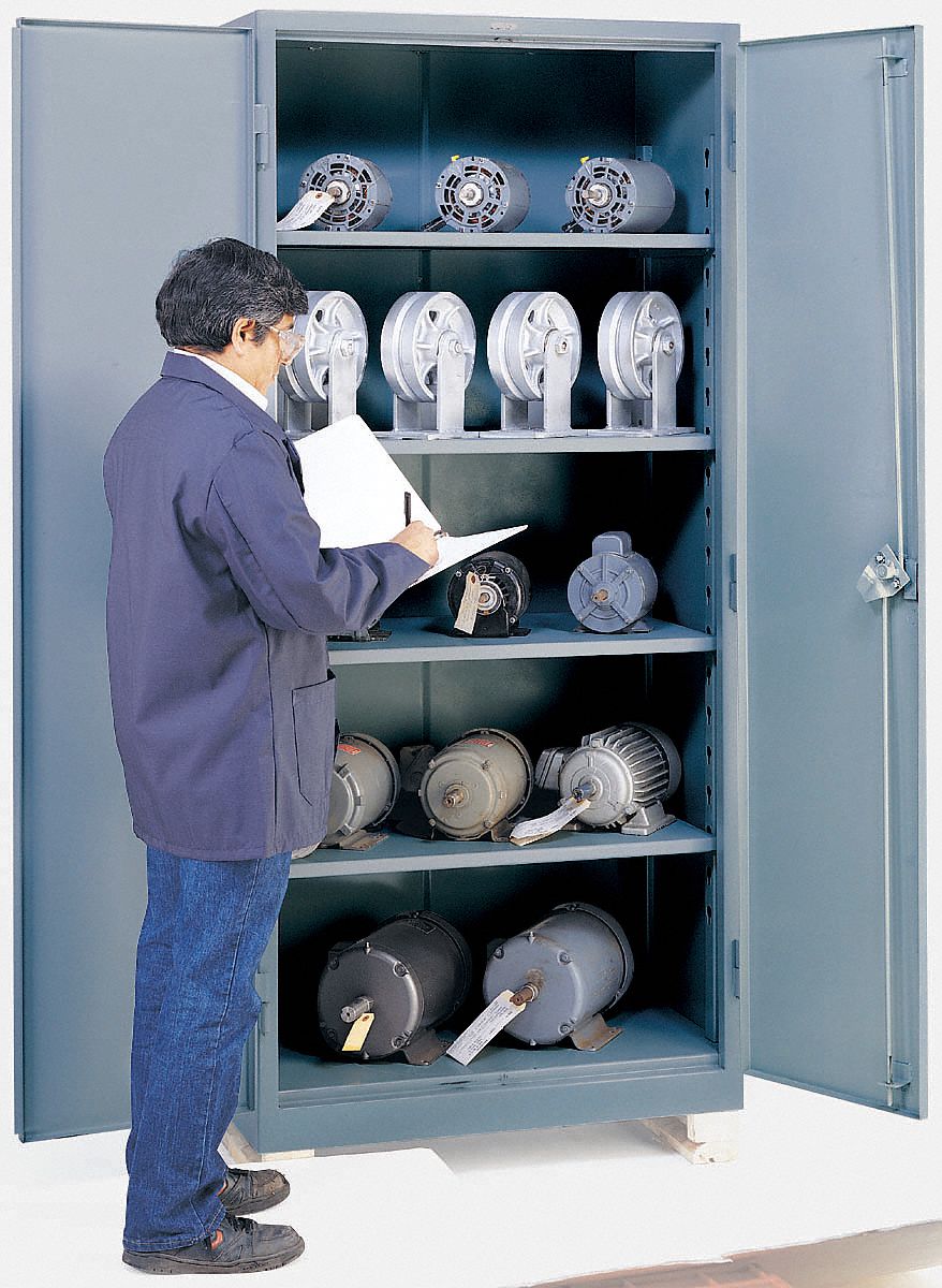 Storage Cabinet: 36 in x 24 in x 82 in, Swing  Handle & Padlock Hasp, 14 ga Panel Thick, Legs