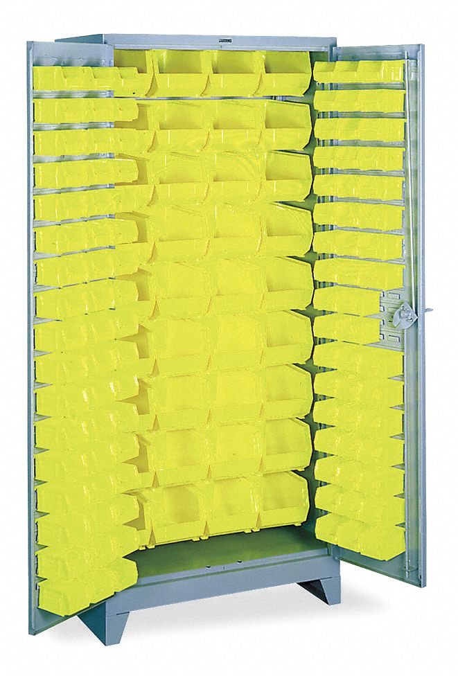 BIN CABINET, 36 X 21 IN 82 IN, 136 BINS, YELLOW, FLUSH, 14 GA PANEL, GREY, BINS