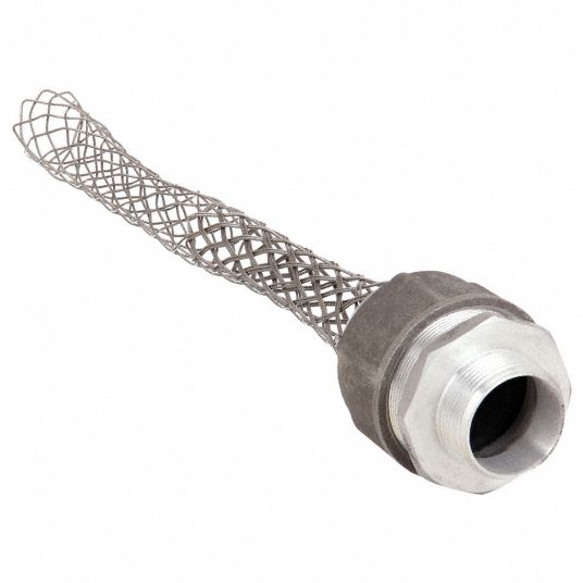 Liquid Tight Cord Connector with Strain Relief: Straight, Aluminum, 1 1/4  in MNPT, Mesh, 1 Cords