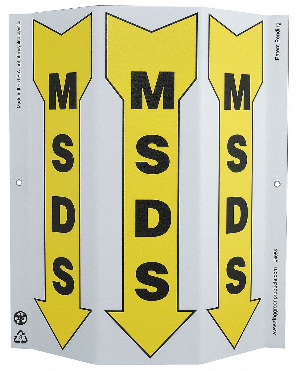MSDS SIGN, PLASTIC, MSDS (ARROW POINTING DOWN PICTOGRAM), NO HEADER, RECTANGLE, 12 IN HEIGHT, MOUNTING HOLES