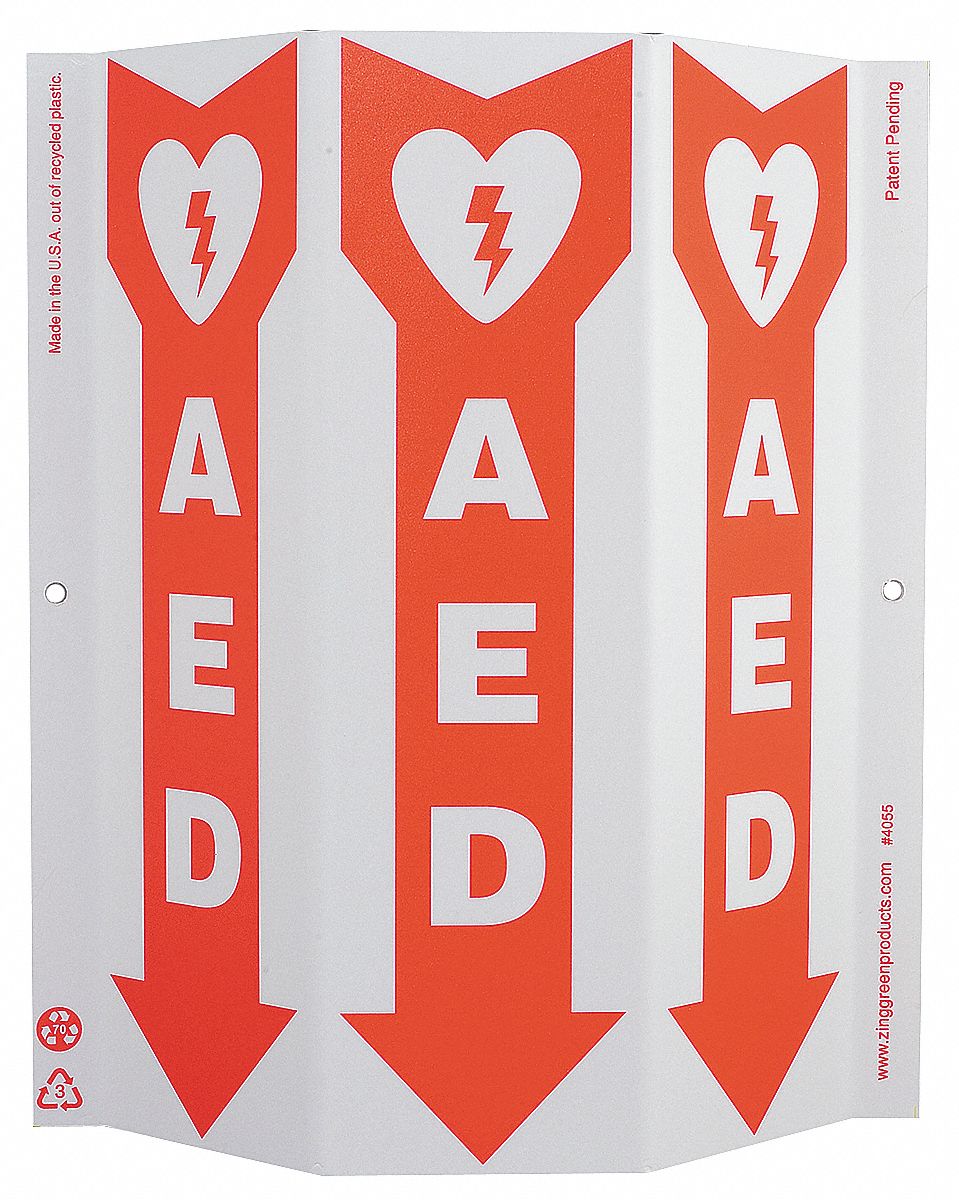 CAUTION SIGN, PLASTIC, MOUNTING HOLES, 12 X 9 IN NOMINAL SIGN SIZE, 0.25 IN THICK, AED (ARROW POINTING DOWN PICTOGRAM)