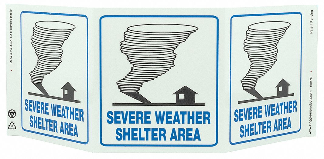 EMERGENCY SIGN, PLASTIC, HOLE MOUNT, 7½ X 20 IN NOMINAL SIGN SIZE, SEVERE WEATHER & SHELTER AREA (TORNADO PICTOGRAM)