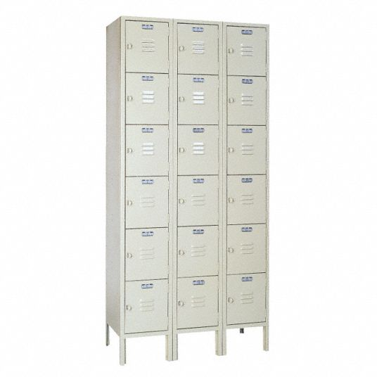 LYON Box Locker: 36 in x 18 in x 78 in, 6 Tiers, 3 Units Wide, Louvered,  Padlock Hasp, Tan, Tan