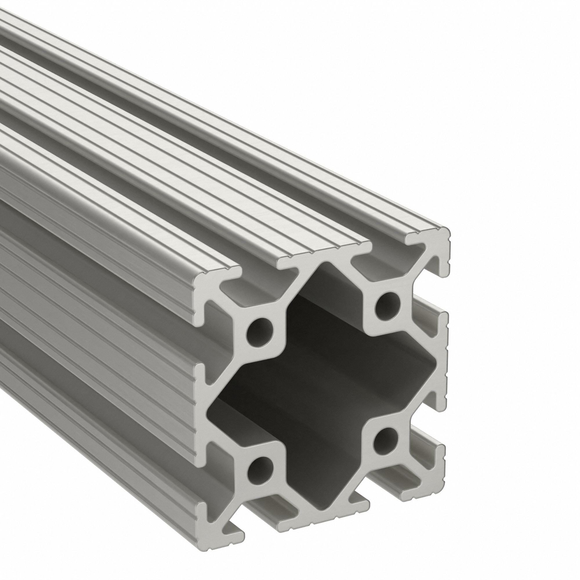 T-Slot Framing Extrusion: 10 Series, 6 ft Lg, 2 in x 2 in, Silver, Quad, Grooved, 8 Slots