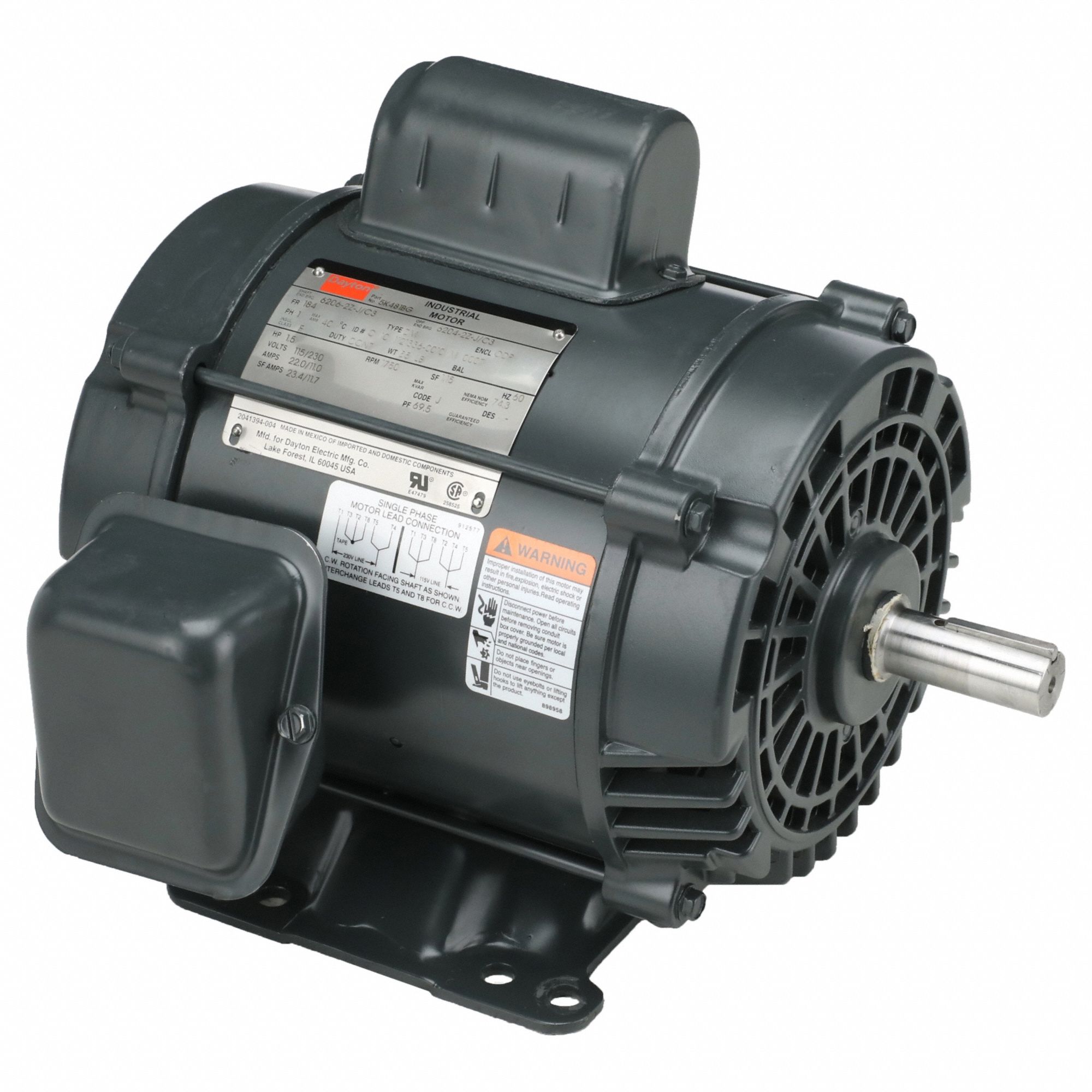 General Purpose Motor: Single Phase, 1 1/2 hp, 115/230V AC, 184 Frame Size, 7/8 in x 2 1/4 in