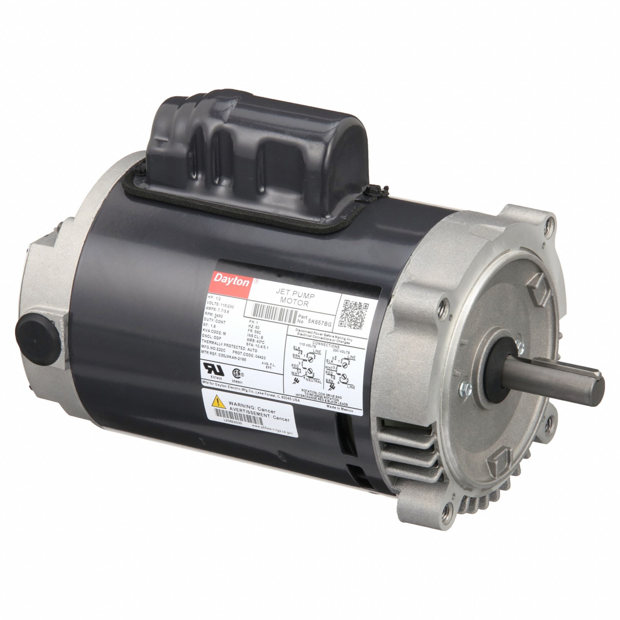 JET PUMP MOTOR, OPEN DRIPPROOF, FACE MOUNTING, 1/2 HP, 3,450 NAMEPLATE RPM, 115/230 V AC, 1