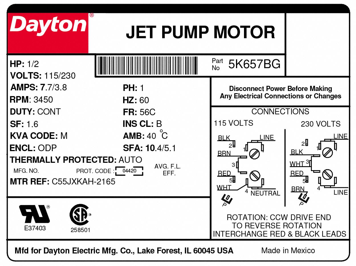Degrees_Fahrenheit Dayton 5K657 Motor Jet Pump Amps, to Volts 1/2 hp 