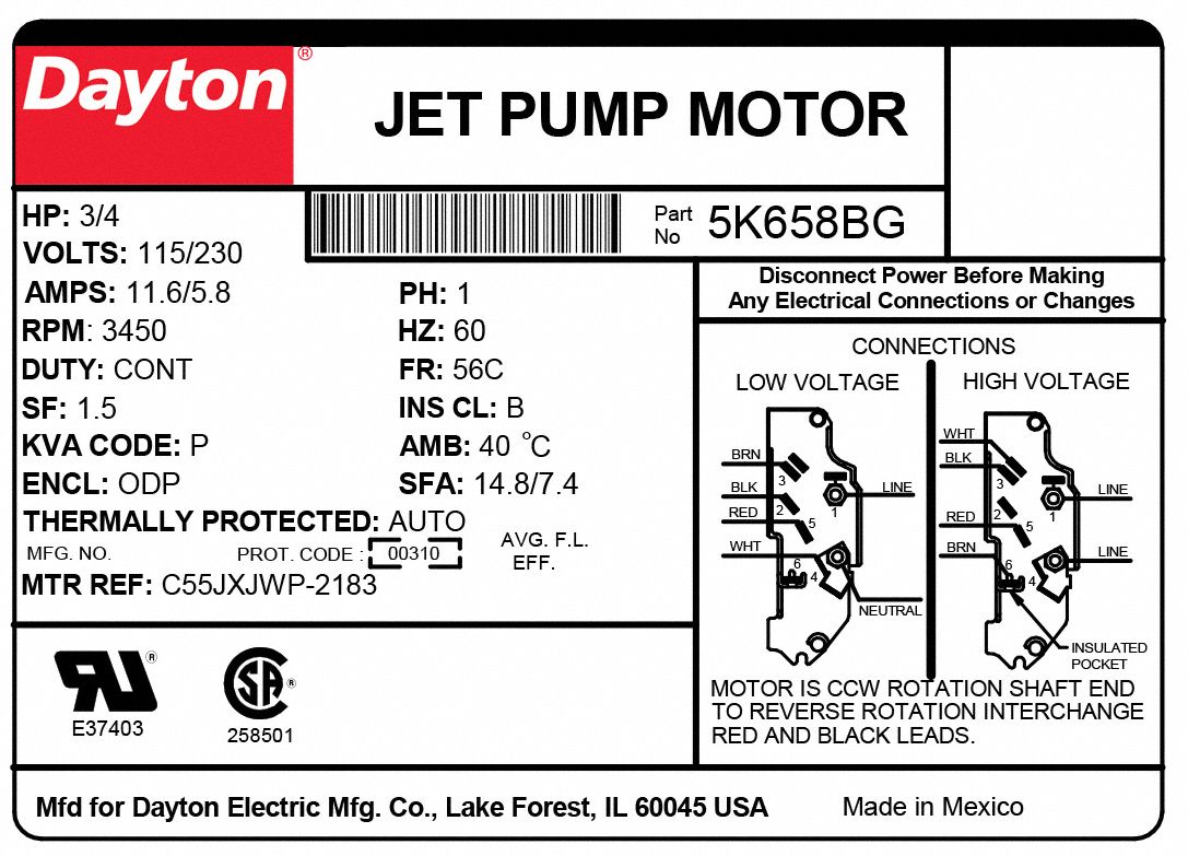 DAYTON Jet Pump Motor Open Dripproof, Face Mounting, 3/4 HP, 3,450