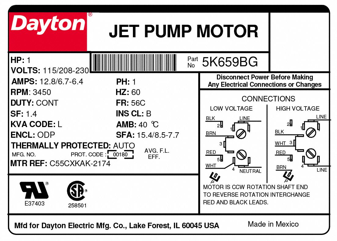 Amps, Jet Pump 1 hp to Volts Degrees_Fahrenheit Dayton 5K659 Motor