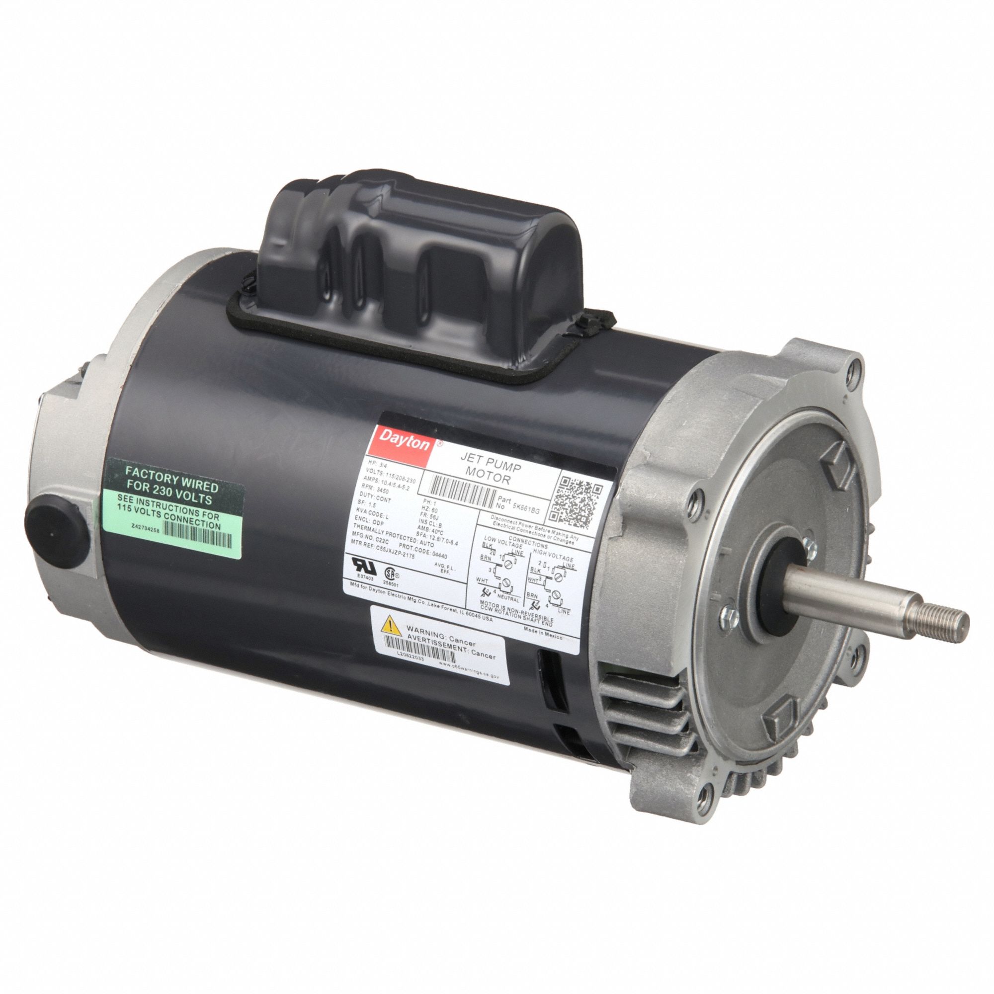 JET PUMP MOTOR, OPEN DRIPPROOF, FACE MOUNTING, 3/4 HP, 3,450 NAMEPLATE RPM, 56J FRAME, 1