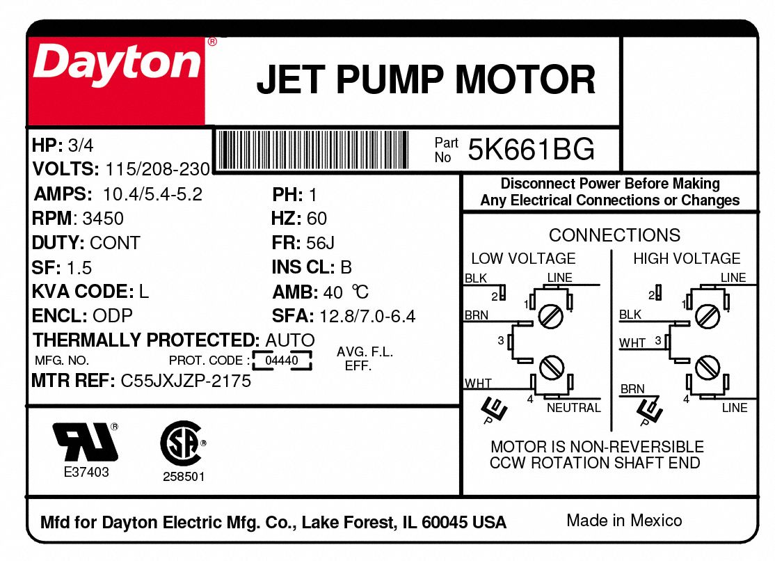 DAYTON Jet Pump Motor Open Dripproof, Face Mounting, 3/4 HP, 3,450