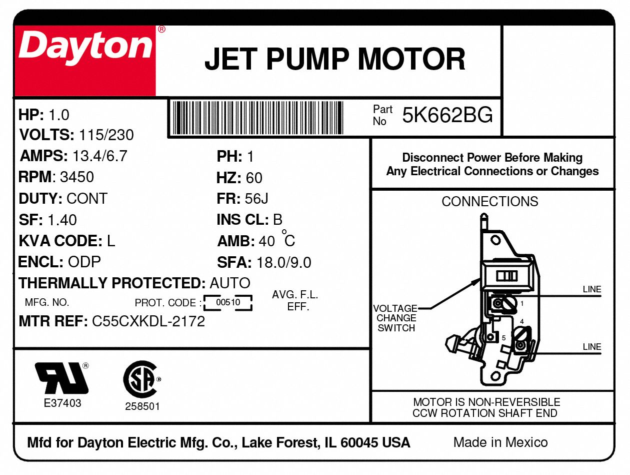DAYTON Jet Pump Motor Open Dripproof, Face Mounting, 1 HP, 3,450