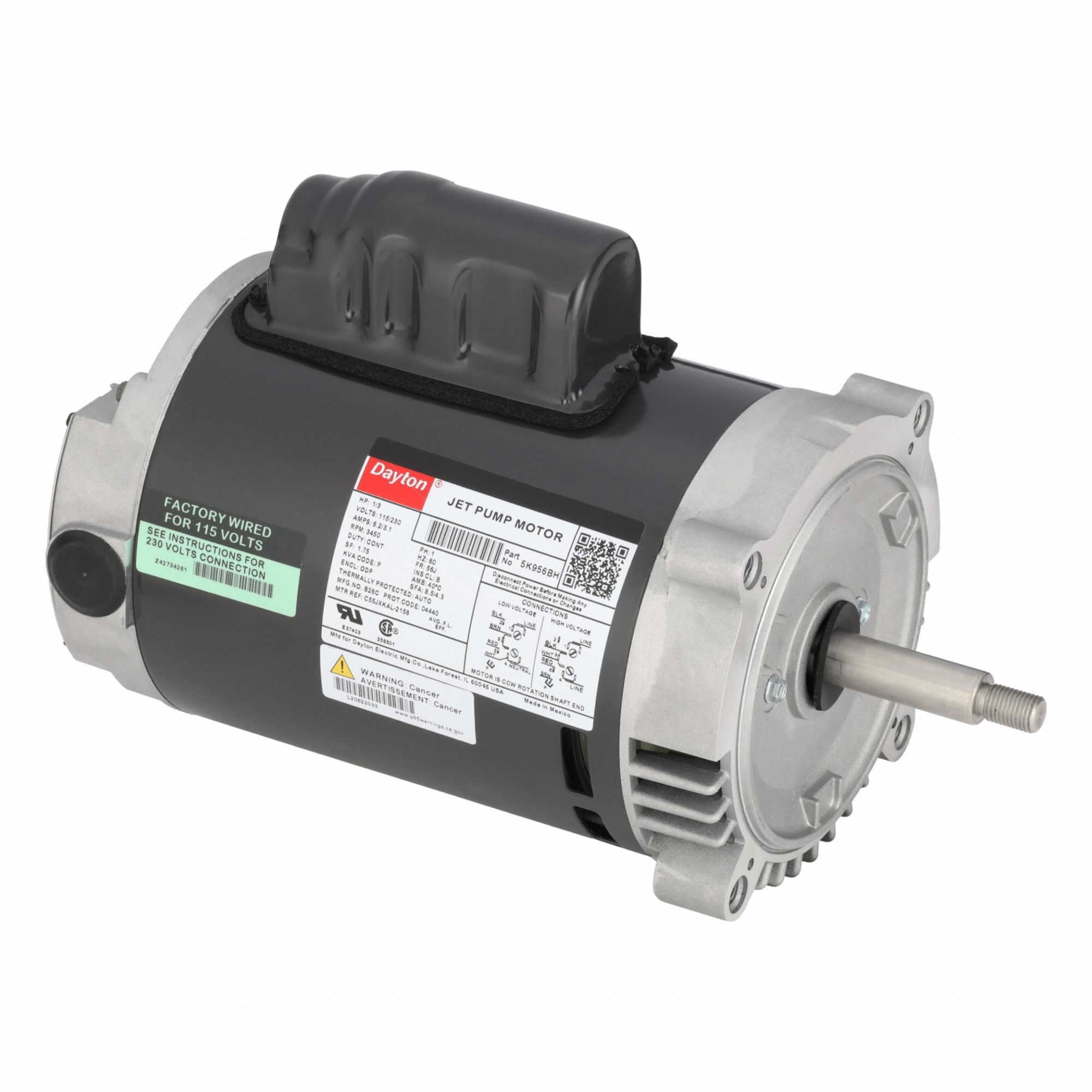 Jet Pump Motor: 56J Frame Size, C-Face, Open Drip Proof, Capacitor-Start, 1/3 hp, 3450 RPM