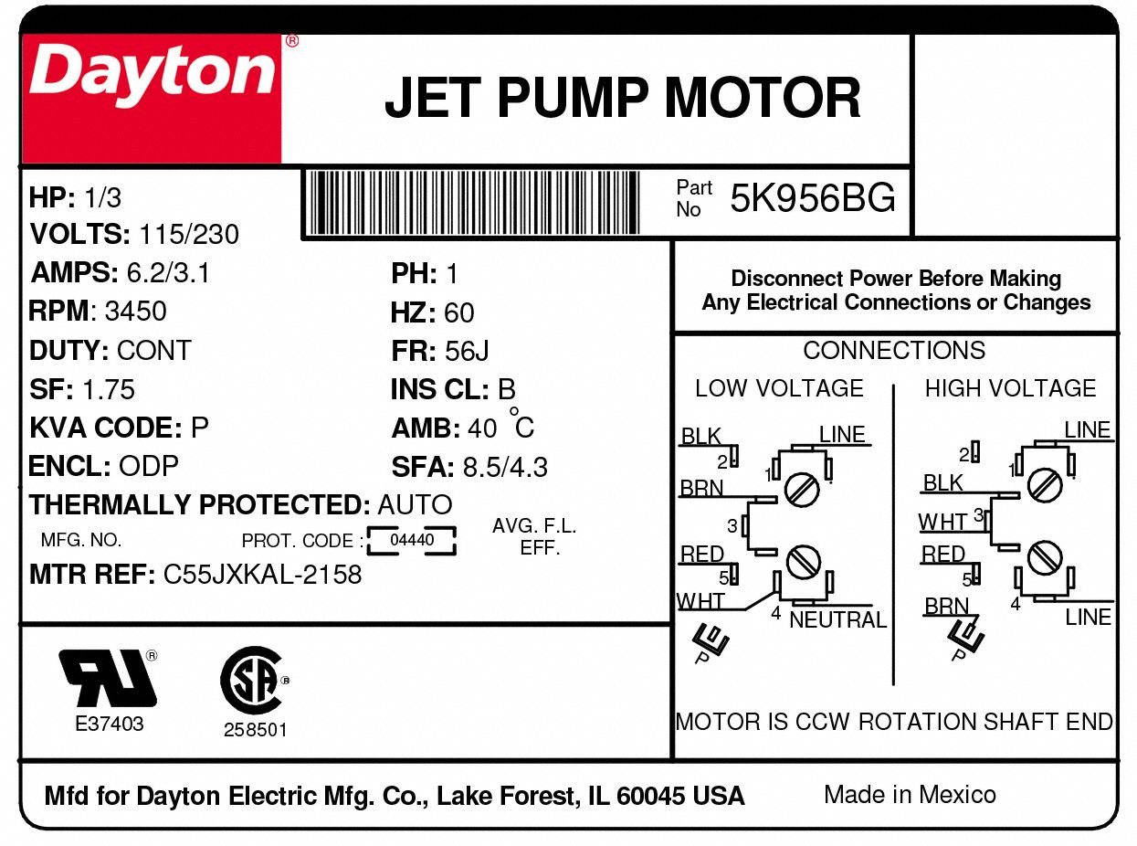 1/3hp Jet Pump Dayton 5K956 Motor 