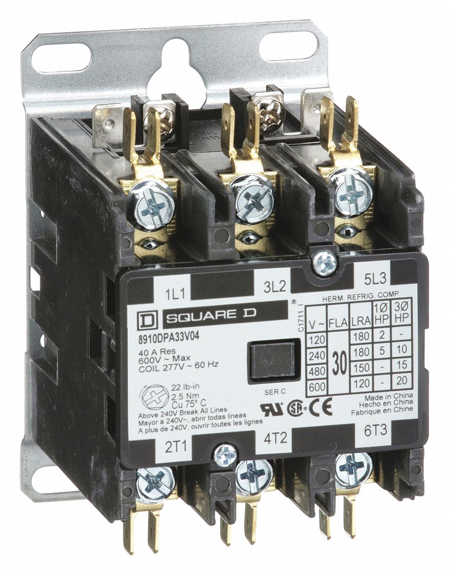 SQUARE D 277V AC Definite Purpose Contactor; No. of Poles 3, 30 Full