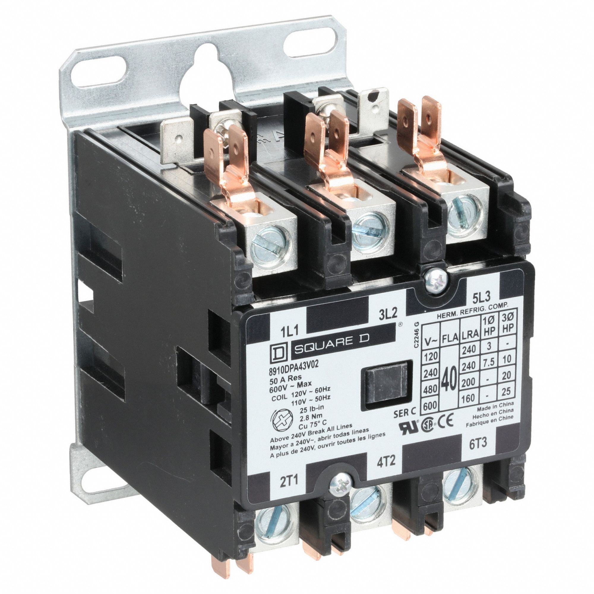 DEFINITE PURPOSE MAGNETIC CONTACTOR, 3 POLES, 120V AC, 40 A, NON-REVERSING