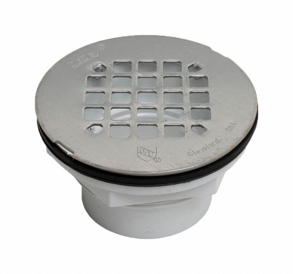 Shower Drain: 2 in Overall Dia, 4 1/4 in Overall Lg, 2 1/2 in Overall Ht, Rubber, Plastic