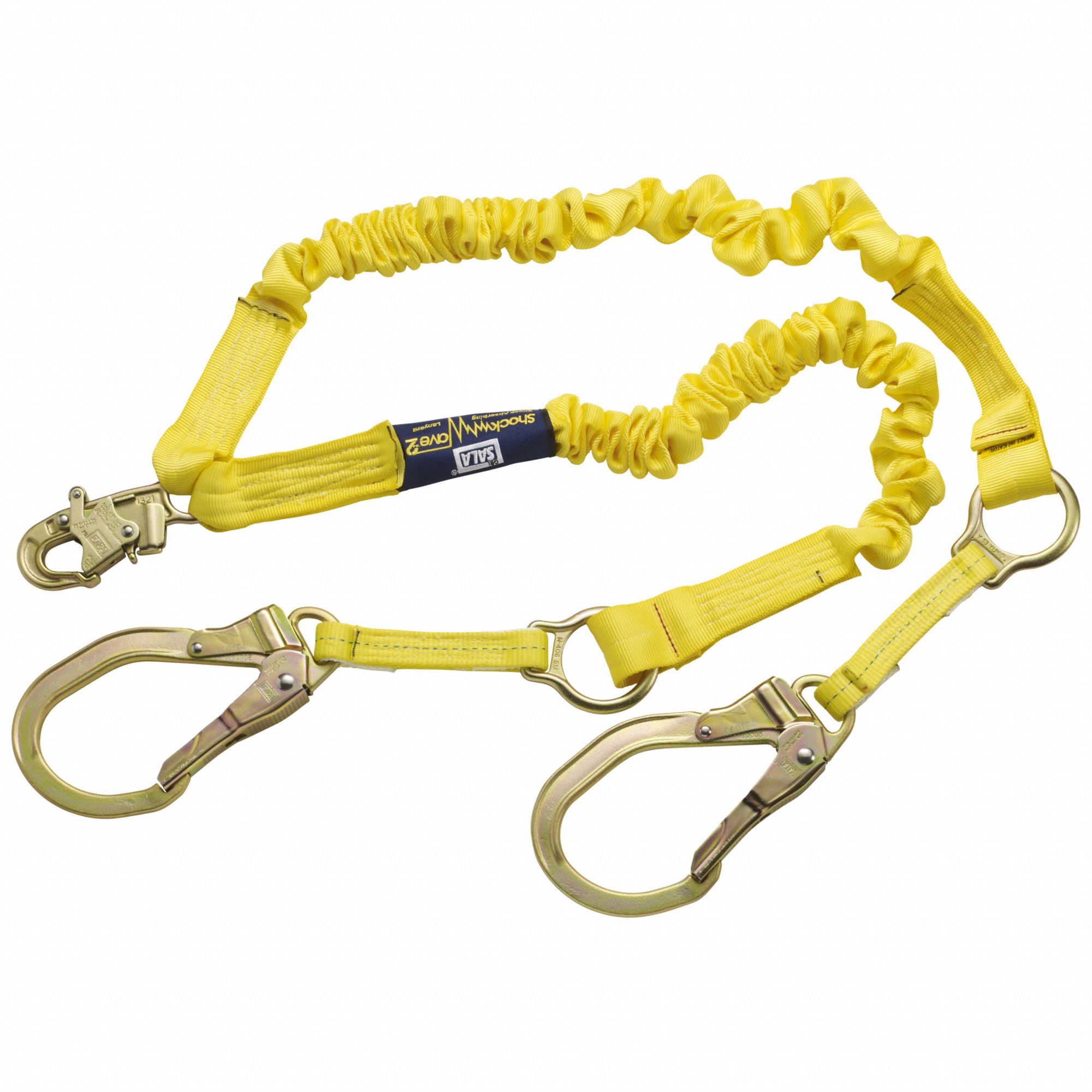 Shock-Absorbing Lanyard: Tubular Webbing, Steel Rebar Hook, Steel Snap Hook, 2 Legs
