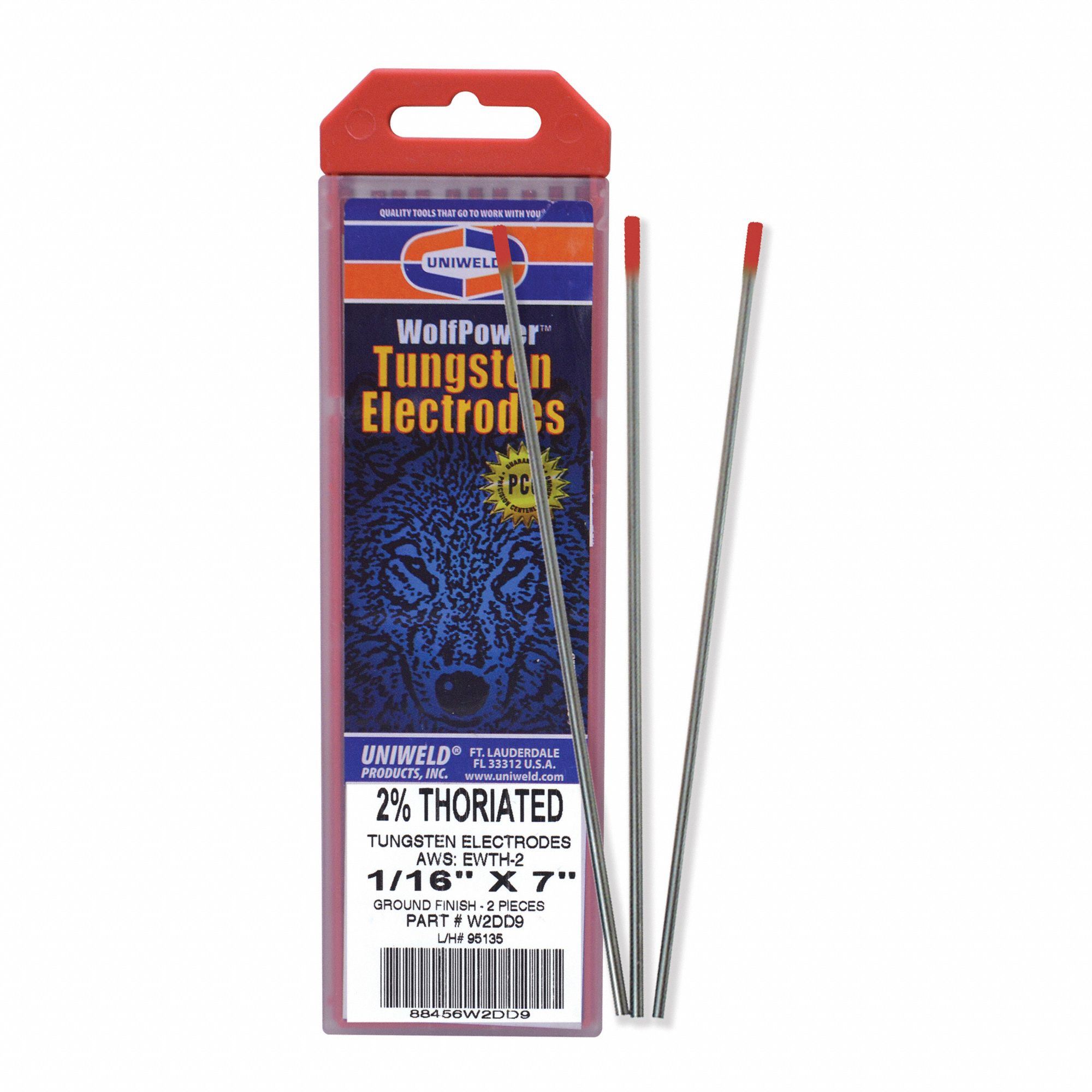 UNIWELD Tungsten Electrode Thoriated, 1/16 in x 7 in, Red, EWTh2, 10