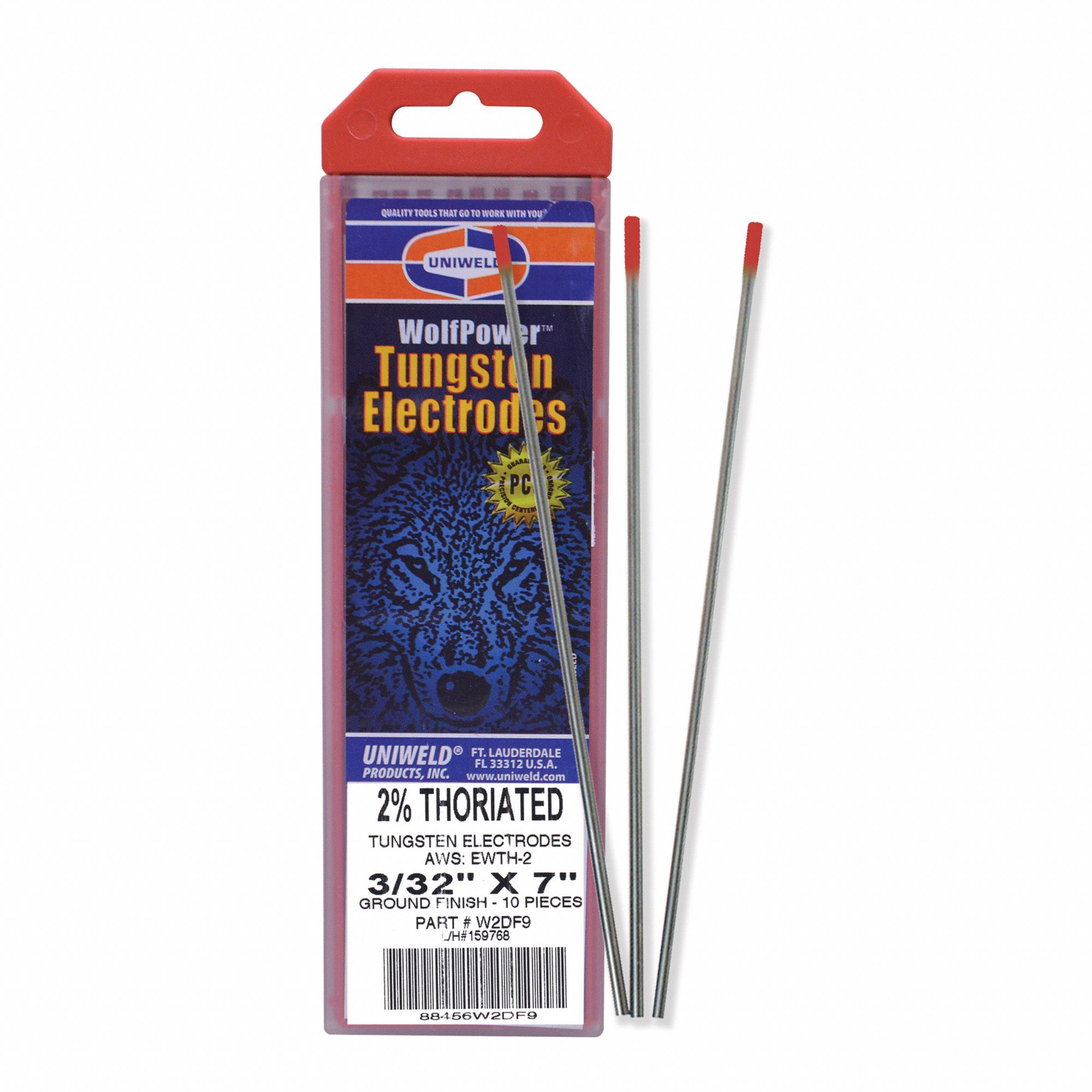 UNIWELD Tungsten Electrode Thoriated, 3/32 in x 7 in, Red, EWTh2, 10