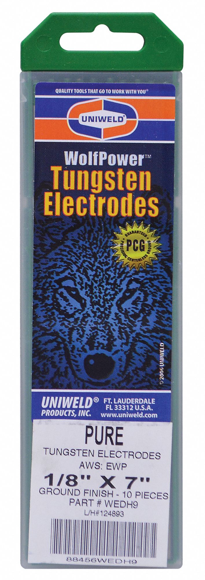 UNIWELD Tungsten Electrode Pure Tungsten, 1/8 in x 7 in, Green, EWP, 10 PK 5KH56WEDH9 Grainger