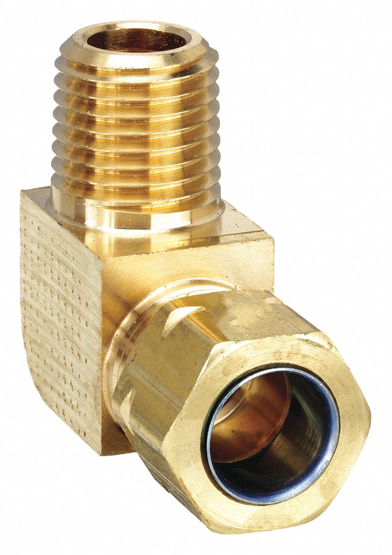 Compression Fitting Elbow: 3/8 in OD x 1/4 in Pipe Fitting Size, Compression x MNPT, Brass