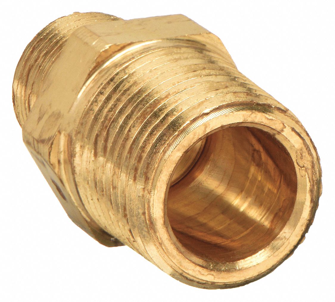 Hex Nipple: Brass, 1/2 in x 3/8 in Fitting Pipe Size, Male NPT x Male NPT, 1 9/16 in Overall Lg