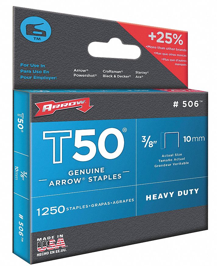 ARROW Staples, T50, 3/8x3/8 In L, PK1250 5KPV450624 Grainger