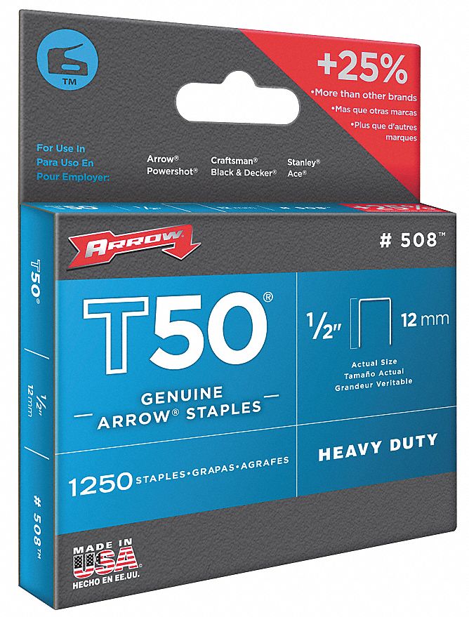 ARROW, T50 Heavy Duty, 3/8 in Crown Wd (In.), Flat Crown Staples