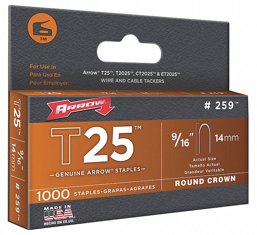ARROW Staples, T25, Round, 1/4x9/16, PK1100 5KPW3259 Grainger