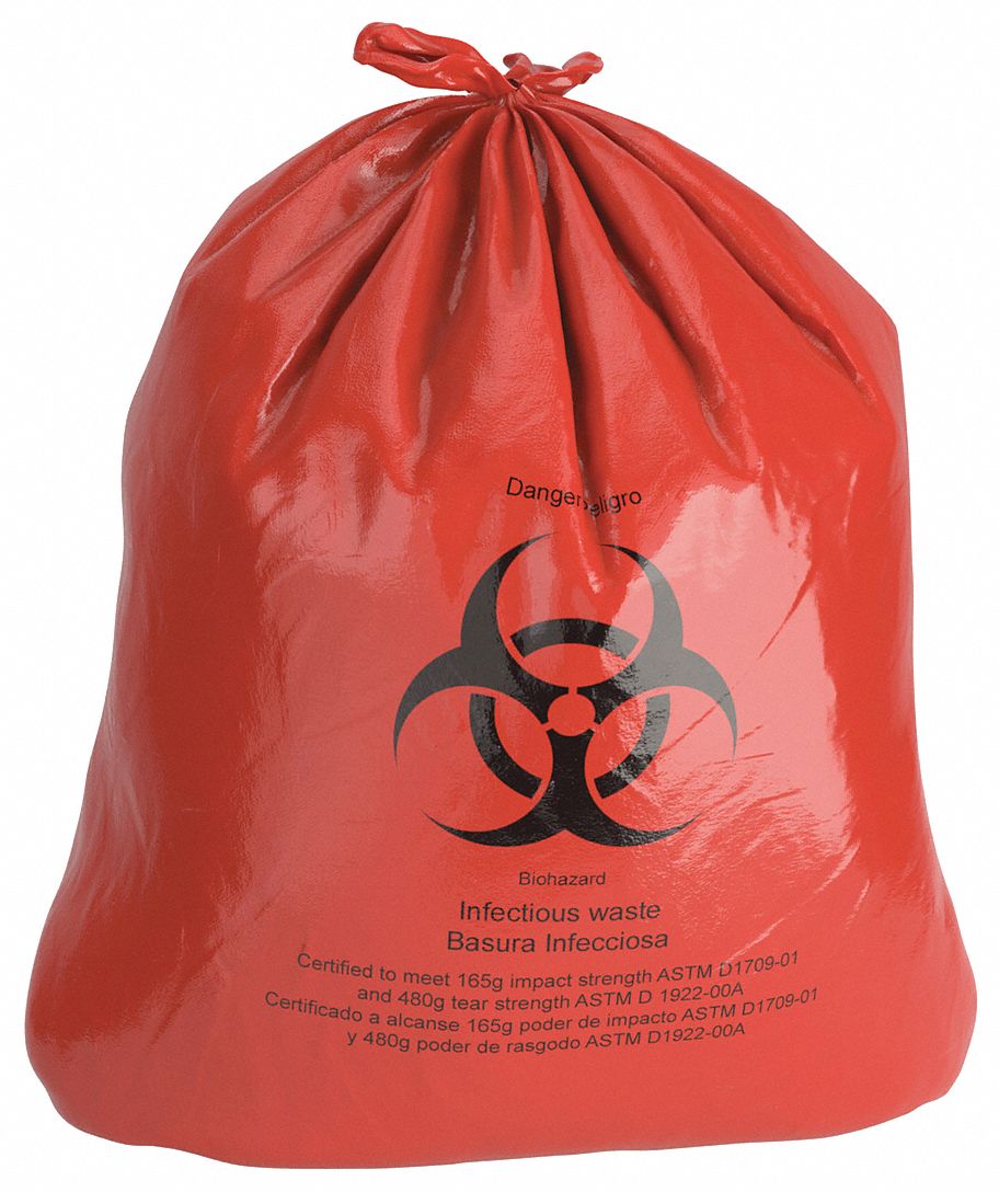 Biohazard Bags: 30 gal Capacity, 30 1/2 in Overall Wd, 43 in Overall Ht, LLDPE, 50 PK
