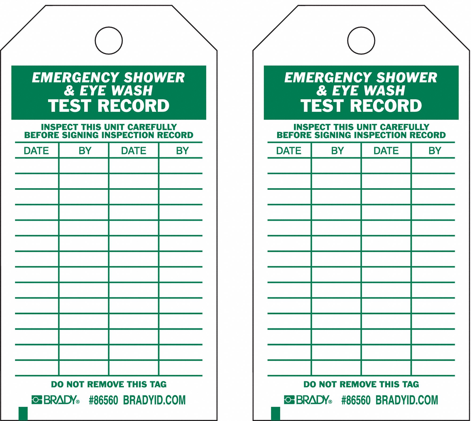 BRADY Eye Wash/Shower Inspection Tag, Emergency Shower & Eye Wash Test