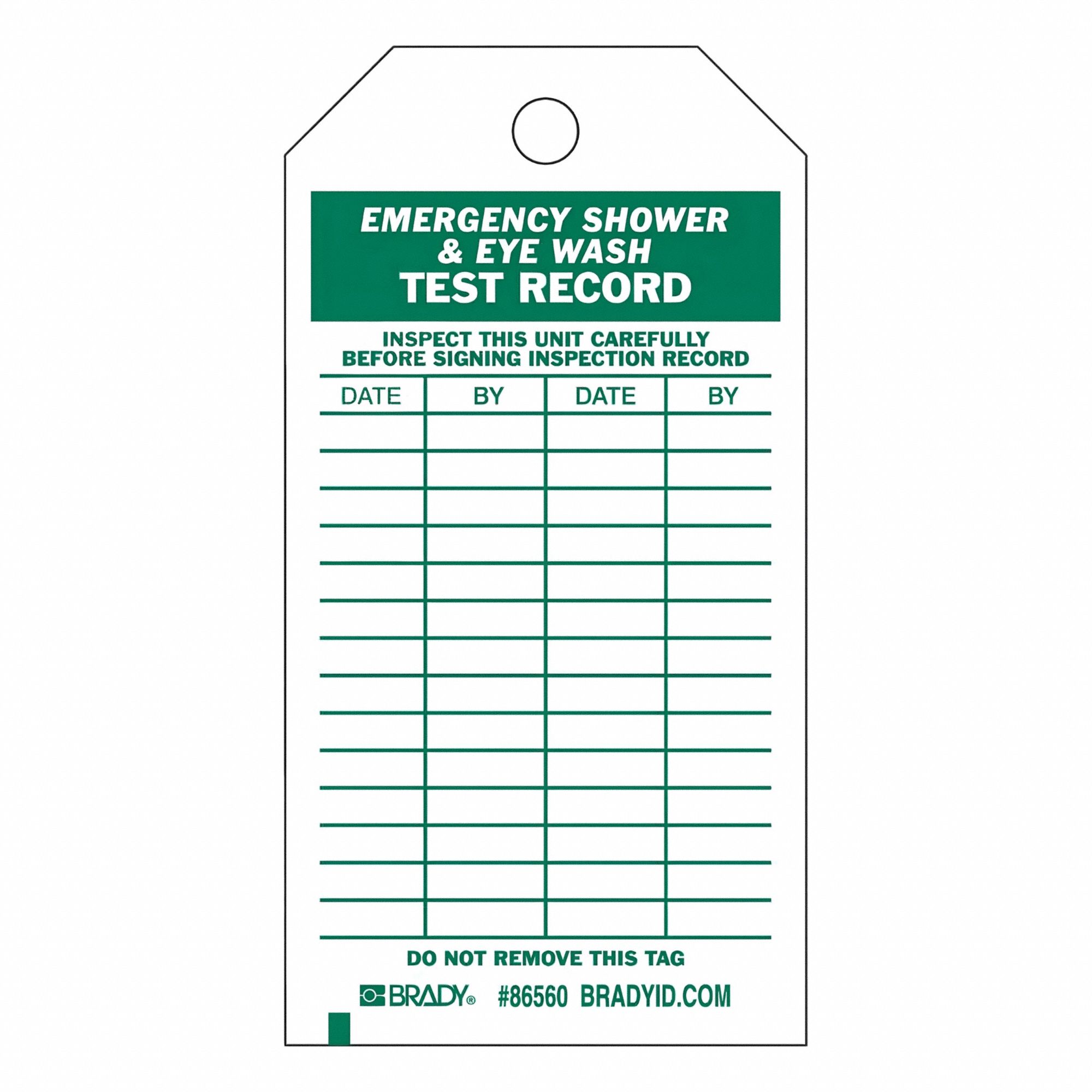 Tag: Emergency Shower & Eyewash Test Record, 3 in Wd, 5 3/4 in Ht, Green/White, Polyester, 10 PK