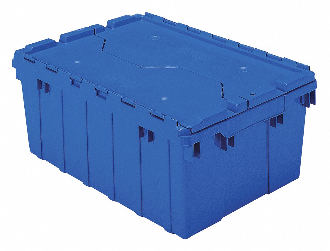 Attached Lid Tote: 8 gal, 21 1/2 in x 15 1/4 in x 9 in, Blue Body, Stacking Capable