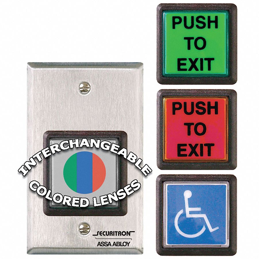 Push to Exit Button, Wall Mounted, 4 1/2 in Height, Stainless Steel, 1 ...